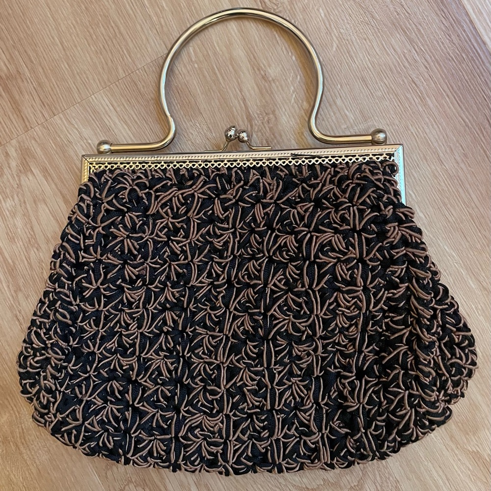 Vintage handbag Bobbie Jerome bag Black Brown gold handle kiss lock purse Italy